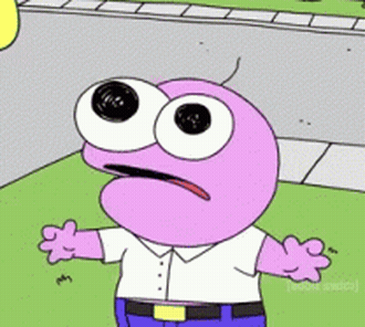 A Pink Cartoon Character With Big Eyes And A White Shirt GIF