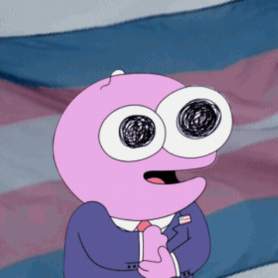 A Pink Cartoon Character With Big Eyes Is Standing In Front Of A Flag GIF