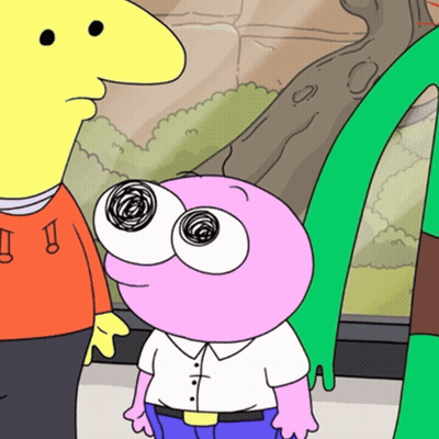 A Pink Cartoon Character With Big Eyes Is Standing Next To A Yellow Guy GIF