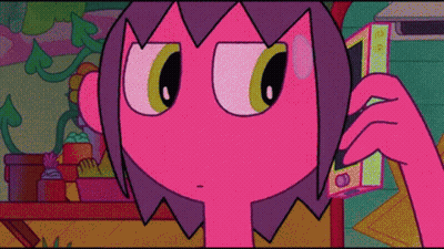 a pink cartoon character with green eyes talking on a phone