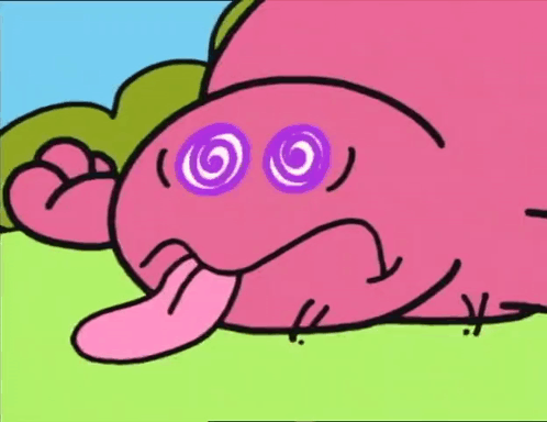 A Pink Cartoon Character With Purple Eyes Is Sticking Out Its Tongue GIF