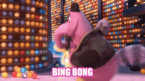 A Pink Cartoon Character With The Word Bing Bong Written On It GIF