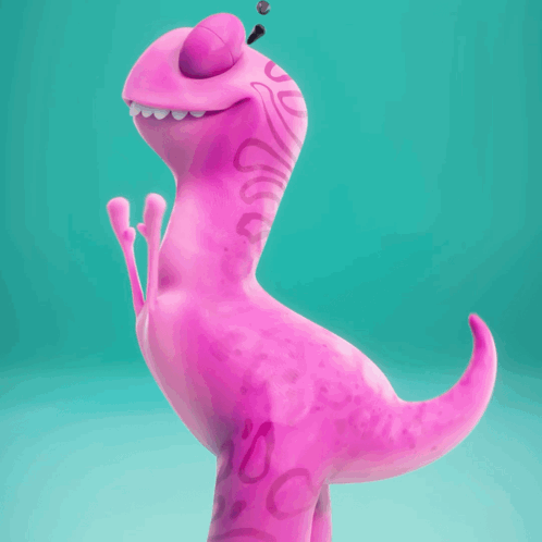 A Pink Cartoon Dinosaur With Big Eyes And A Big Smile On Its Face GIF