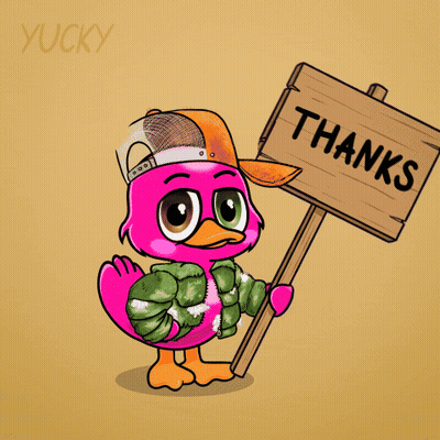 A Pink Cartoon Duck Holding A Sign That Says Thanks GIF