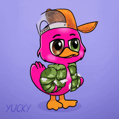 A Pink Cartoon Duck Wearing A Hat And A Jacket GIF