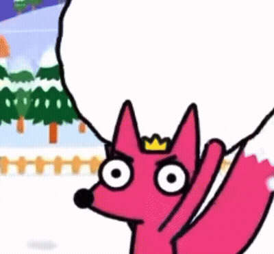 A Pink Cartoon Fox With A Crown On Its Head Is Standing In The Snow With Trees In The Background . GIF