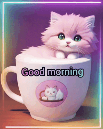 Pink Cat Sitting In Cup Saying Good Morning GIF