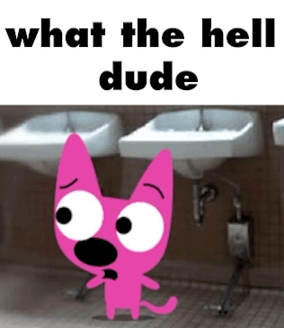 A Pink Cat Is Standing In Front Of A Bathroom Sink And Says What The Hell Dude GIF