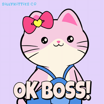 a pink cat with overalls and a bow on its head says ok boss