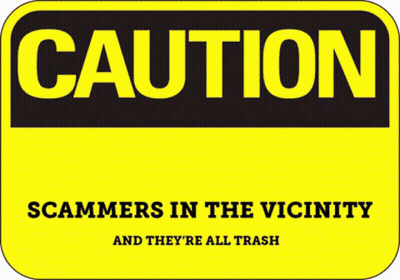 A Pink Caution Sign Warns Of Scammers In The Vicinity And They 'Re All Trash GIF