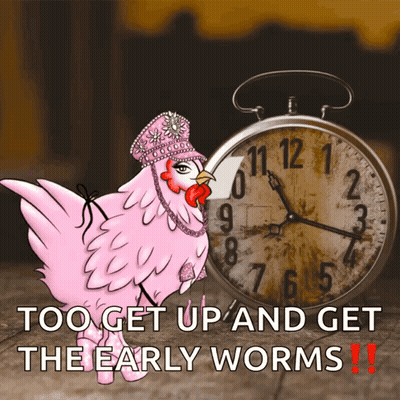 A Pink Chicken Standing Next To A Clock With The Words " Too Get Up And Get The Early Worms " GIF