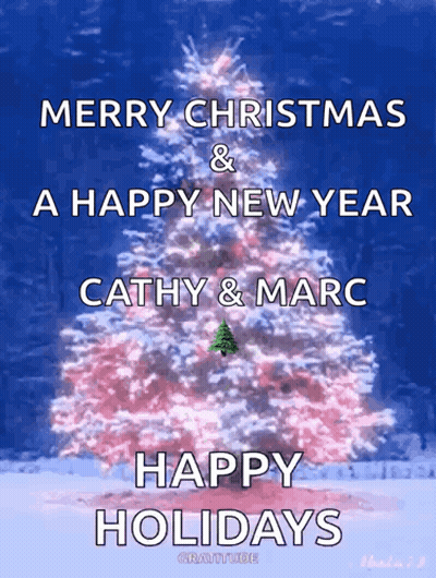 A Pink Christmas Tree With The Words Merry Christmas And A Happy New Year Cathy & Marc Happy Holidays GIF