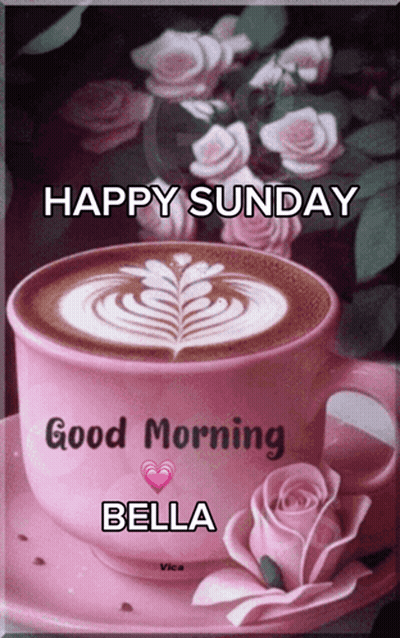 A Pink Cup Of Coffee With The Words Happy Sunday Good Morning Bella On It GIF