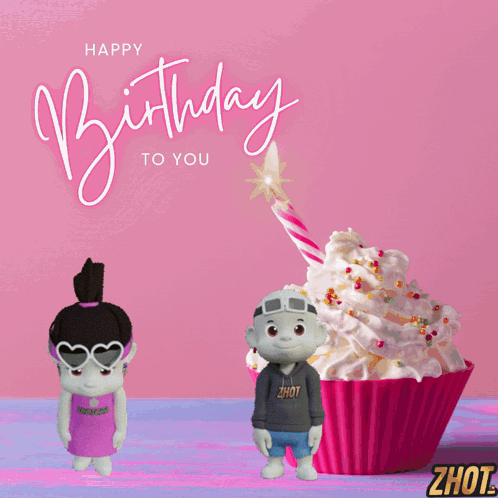 A Pink Cupcake With A Candle And The Words Happy Birthday To You Above It GIF