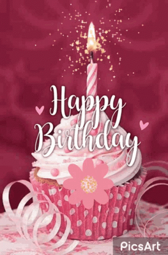 A Pink Cupcake With A Lit Candle And The Words Happy Birthday GIF