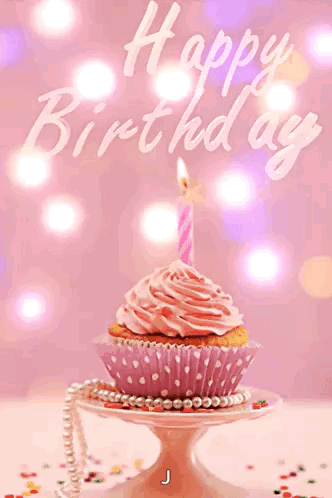 A Pink Cupcake With A Pink Frosting And A Candle With The Letter J On The Bottom GIF