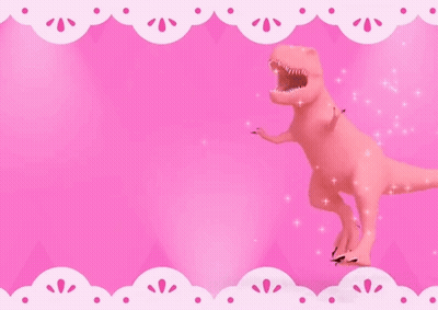 A Pink Dinosaur Is Standing On A Pink Background With A White Lace Border GIF