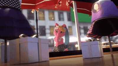 A Pink Doll Is Standing In Front Of A Window With A Red Umbrella GIF