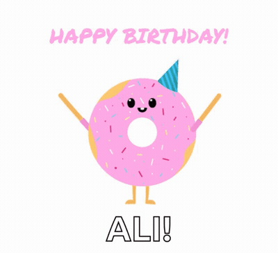 A Pink Donut Wearing A Party Hat And The Words Happy Birthday Ali GIF