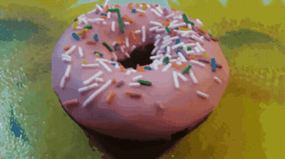 A Pink Donut With Sprinkles On It On A Yellow Surface GIF