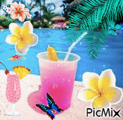 A Pink Drink With A Straw In It Is Surrounded By Flowers And Butterflies By A Pool GIF