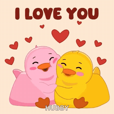 A Pink Duck And A Yellow Duck Hugging Each Other With The Words `` I Love You Hubby '' GIF