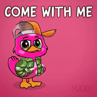 A Pink Duck Holding A Green Object With The Words Come With Me Behind It GIF