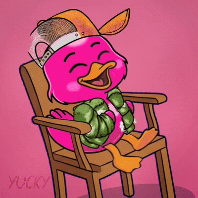 A Pink Duck Is Sitting In A Chair With The Word Lmao Written Above It GIF