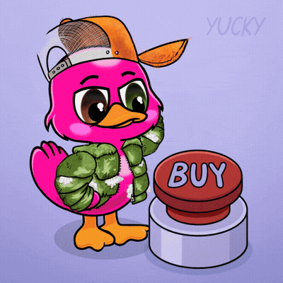 A Pink Duck Is Standing Next To A Red Button That Says Buy GIF