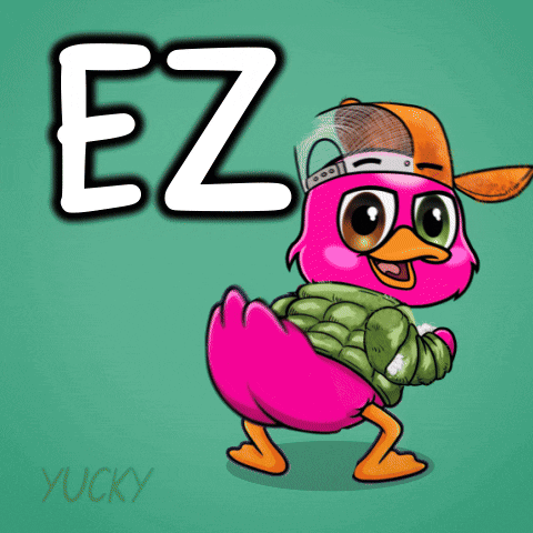 A Pink Duck Wearing A Green Jacket And An Orange Hat With The Letter Ez Written Above It GIF
