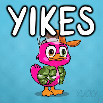 A Pink Duck Wearing A Hat And A Jacket With The Word Yikes Written Above It GIF