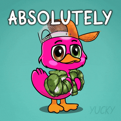 A Pink Duck Wearing A Hat And A Jacket With The Words Absolutely Written Above It GIF