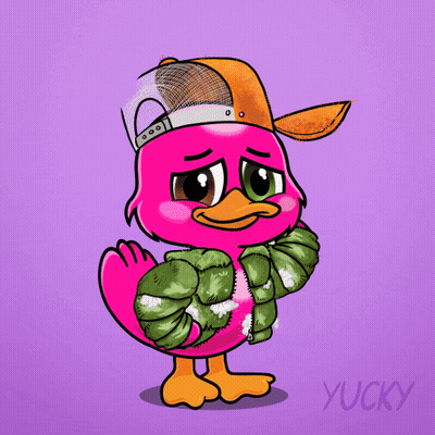 A Pink Duck Wearing A Hat And A Jacket With The Words Aw Sh Written Above It GIF