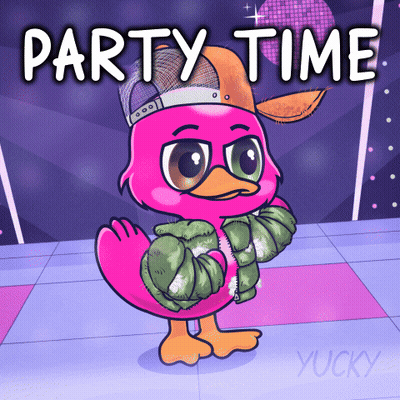 A Pink Duck Wearing A Hat And A Jacket With The Words Party Time Below It GIF