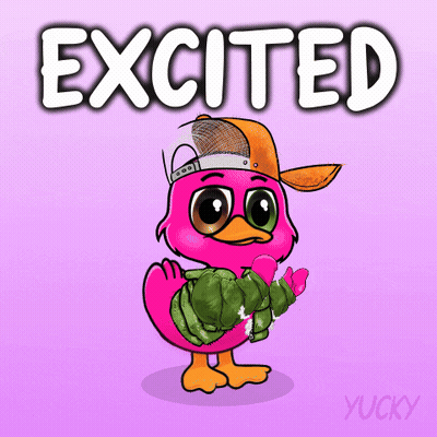 A Pink Duck Wearing A Hat And Holding A Jacket With The Word Excited Above It GIF