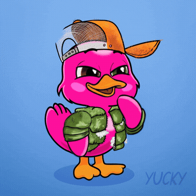 A Pink Duck Wearing A Hat Says Bru GIF