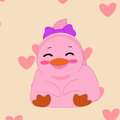 A Pink Duck With A Purple Bow Surrounded By Pink Hearts GIF