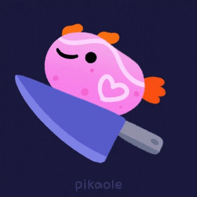 A Pink Fish With A Heart On It Is Holding A Knife In Its Mouth GIF