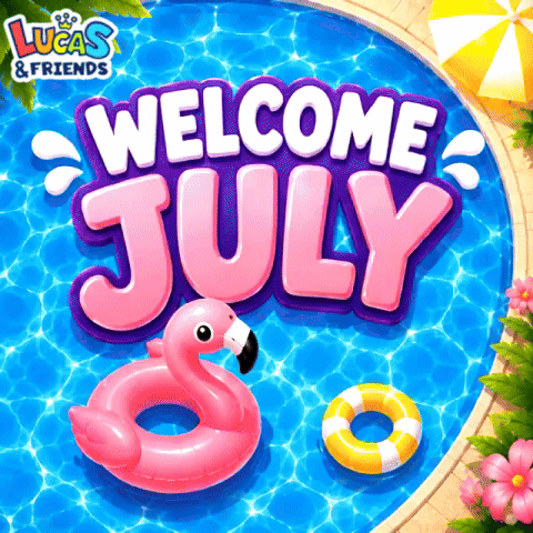 A Pink Flamingo Float Is In A Pool With The Words Welcome July GIF