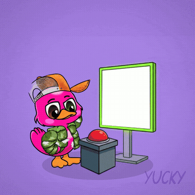 A Pink Flamingo Is Pressing A Button In Front Of A Screen With The Word Bullish On It GIF