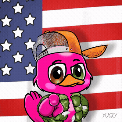 A Pink Flamingo Wearing A Hat And A Jacket Is Standing In Front Of An American Flag With Stars GIF
