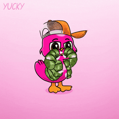 A Pink Flamingo Wearing A Hat And A Jacket Is Surrounded By A Heart With The Name Yucky Below It GIF