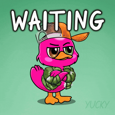 A Pink Flamingo Wearing A Hat And A Jacket Is Waiting GIF