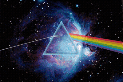 A Pink Floyd Poster With A Rainbow Coming Out Of A Triangle With Drjoy Written On It GIF