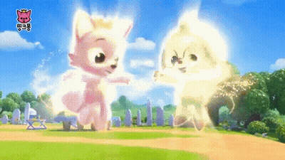 A Pink Fox And A Yellow Dog Are Dancing Together In A Field . GIF