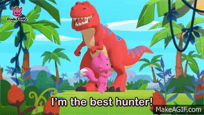 A Pink Fox Is Riding On The Back Of A Red Dinosaur With The Words I 'M The Best Hunter On The Bottom GIF
