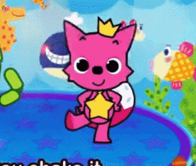 A Pink Fox Wearing A Crown And Holding A Star Is Standing On A Blue Surface . GIF