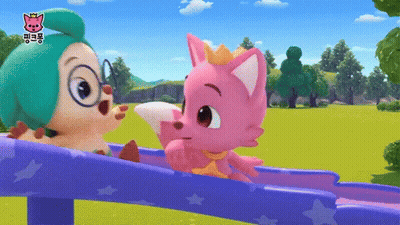 A Pink Fox With A Crown On Her Head Is Standing Next To A Green Penguin GIF