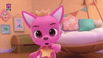A Pink Fox With A Crown On Its Head Is Standing In A Room GIF