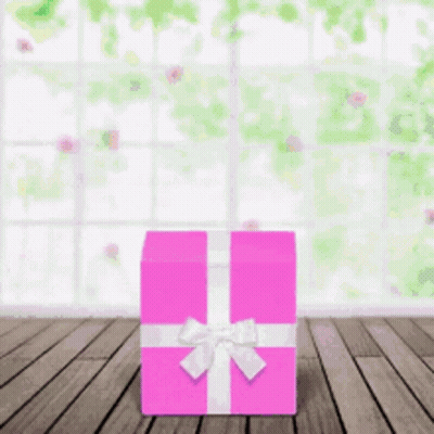 A Pink Gift Box With A White Bow Is Sitting On A Wooden Floor GIF